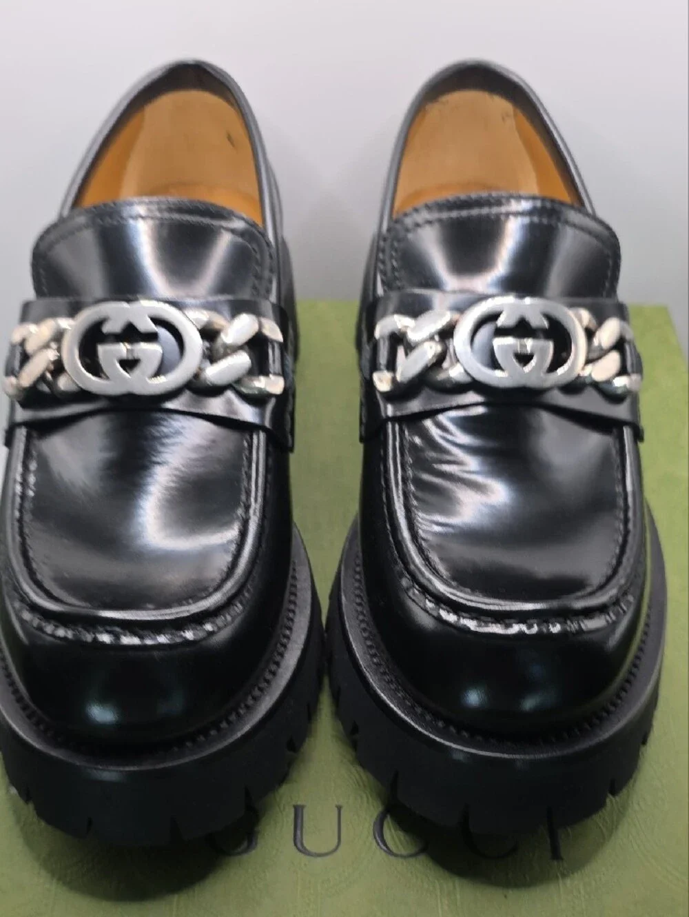 Gucci Black Patent Leather Platform Chain Loafers